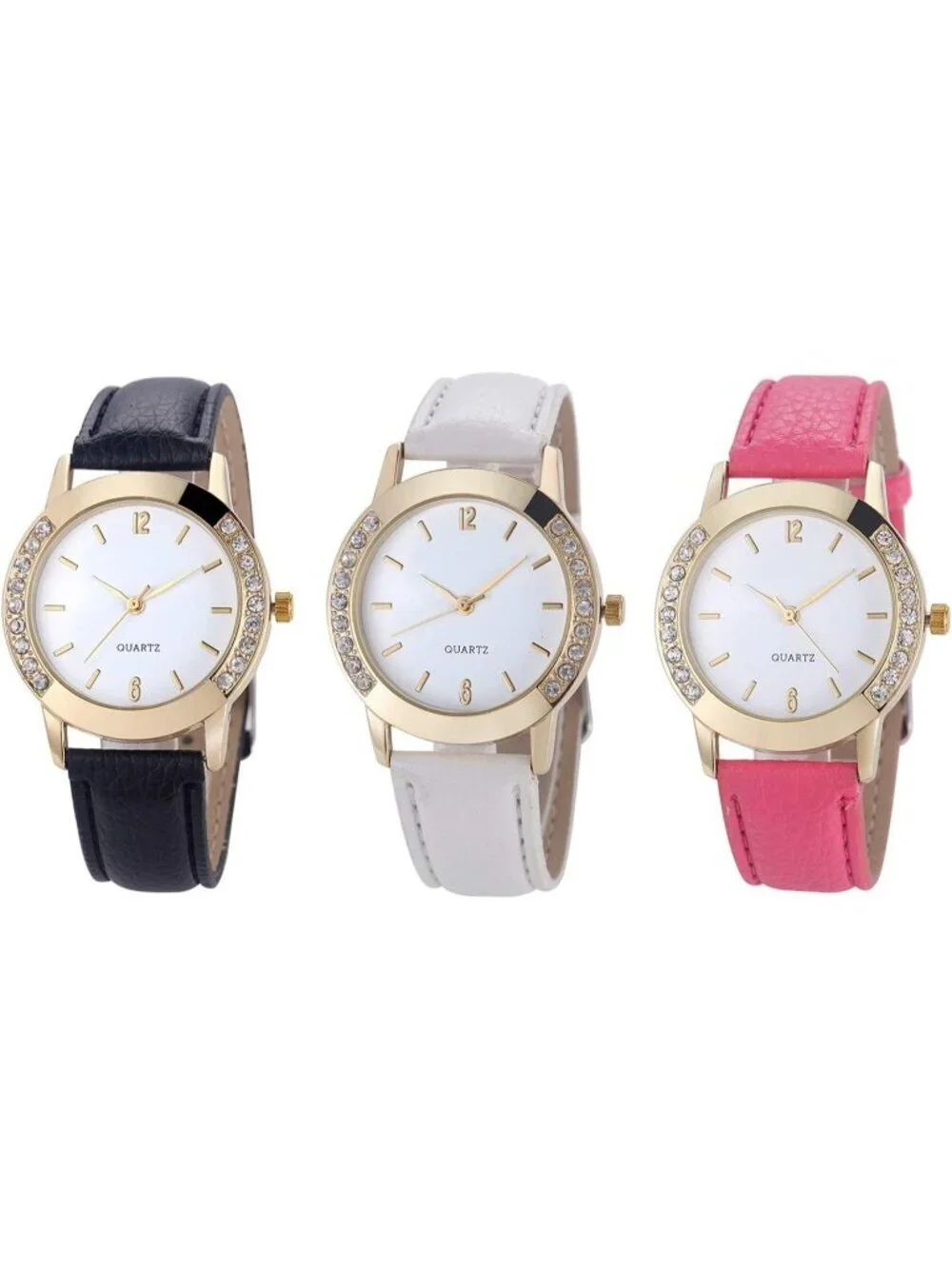 Women's Black Analog Quartz Leather Diamond Crystal Rhinestone Round Wrist Watch